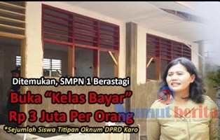 Kepala Sekolah SMPN 1 Berastagi, Sri Heni Saragih saat menunjukkan satu lokal “kelas bayar” di sekolahnya yang sedang dalam tahap finishing.