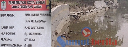 Plang proyek dan lokasi pembangunan linning Sei Bingai yang berada di Lingkungan IV, Kelurahan Pahlawan, Kecamatan Binjai Utara yang kondisinya hancur.