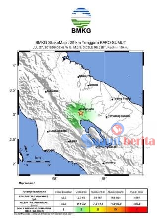 Peta guncangan gempa berkekuatan 9,3 SR yang mengguncang Karo berpusat di Saribudolok. SUMBER/ BMKG